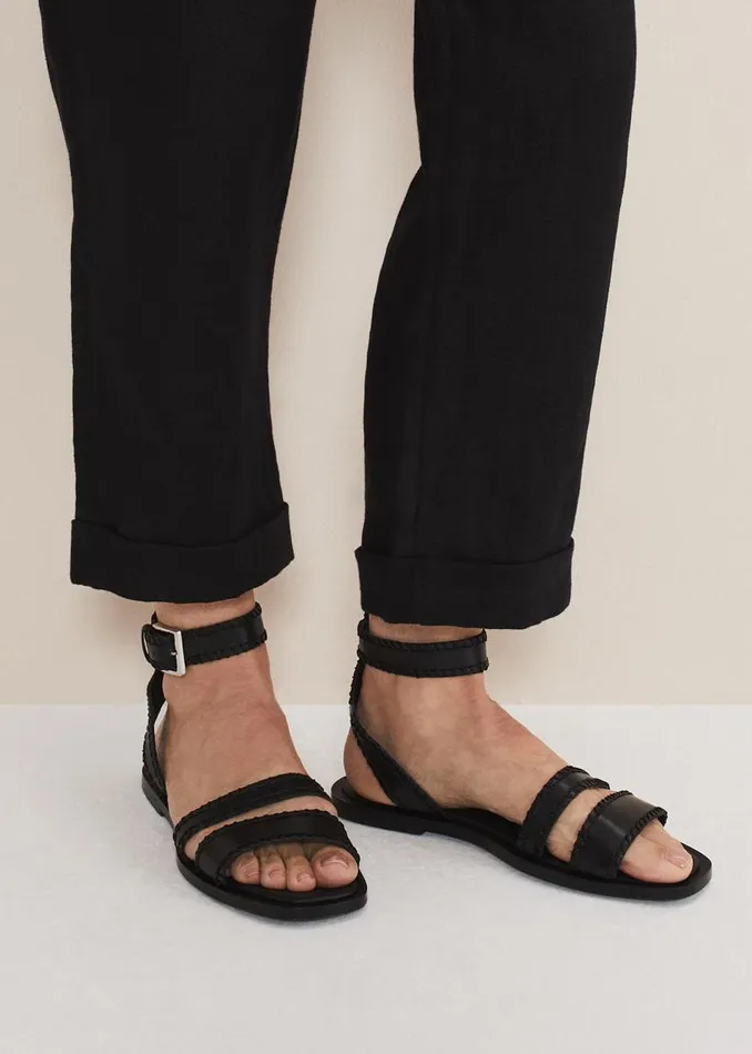 Phase Eight Sandals Women Black Leather Flat Sandals Black