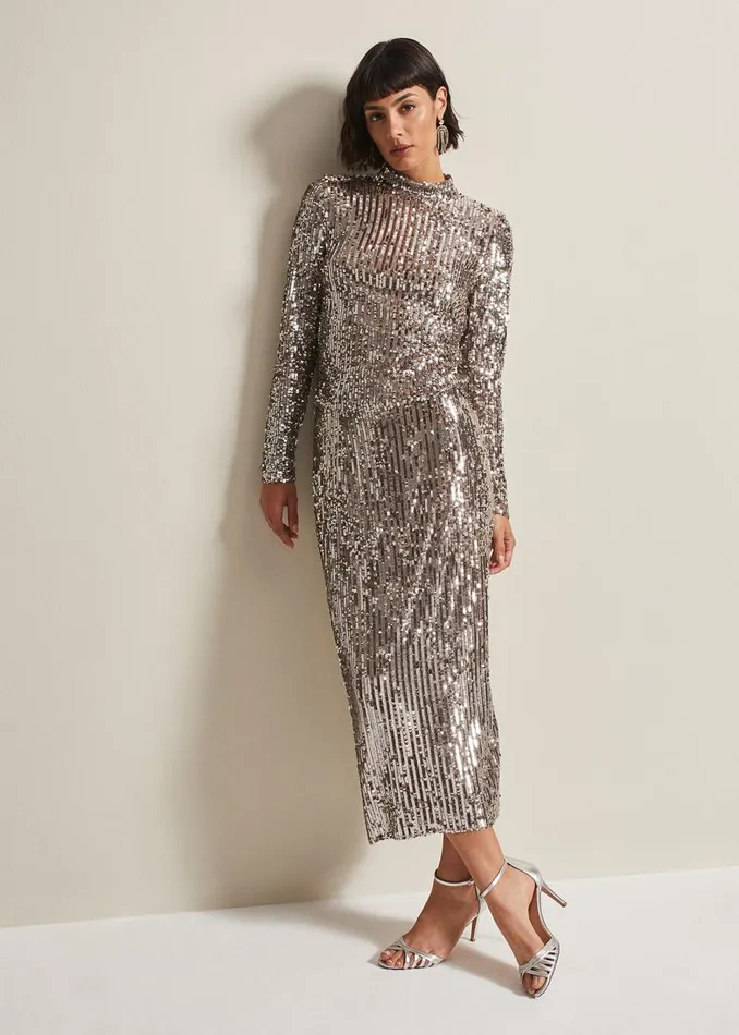 Phase Eight Skirts Women Milani Sequin Pencil Midi Skirt Silver