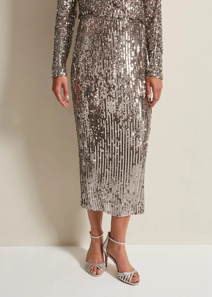 Phase Eight Skirts Women Milani Sequin Pencil Midi Skirt Silver