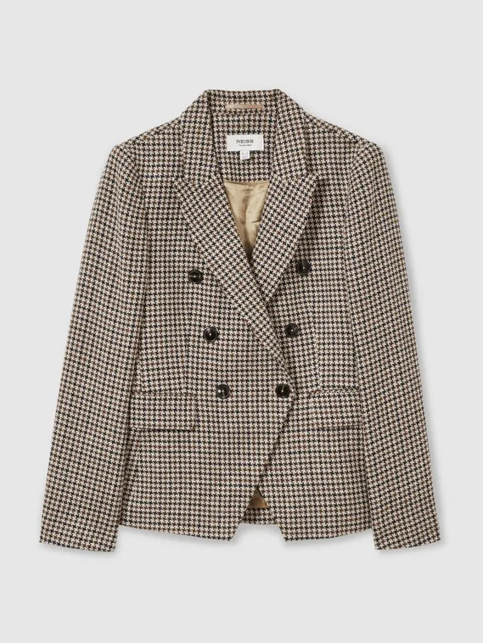 Reiss Blazers and Jackets Women CottonLinen DoubleBreasted HoundstoothCheck Blazer In Navy Neutral Check Reiss Blazers and Jackets Women CottonLinen DoubleBreasted HoundstoothCheck Blazer In Navy Neutral Check