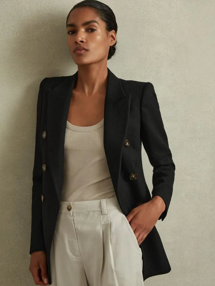 Reiss Blazers and Jackets Women Tailored Textured Wool Blend Double Breasted Blazer In Black Reiss Blazers and Jackets Women Tailored Textured Wool Blend Double Breasted Blazer In Black