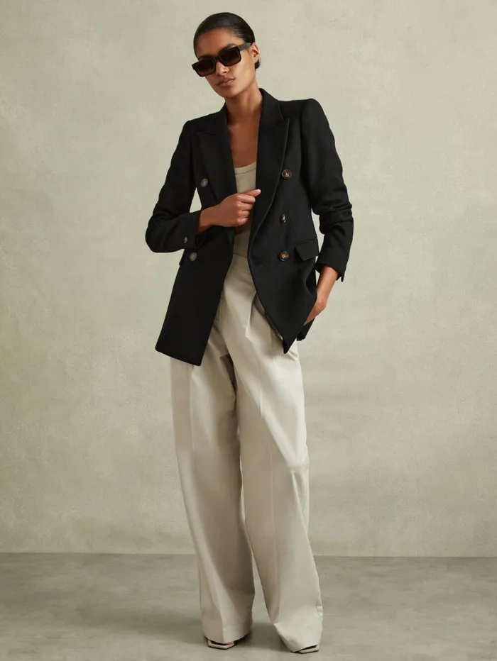 Reiss Blazers and Jackets Women Tailored Textured Wool Blend Double Breasted Blazer In Black Reiss Blazers and Jackets Women Tailored Textured Wool Blend Double Breasted Blazer In Black