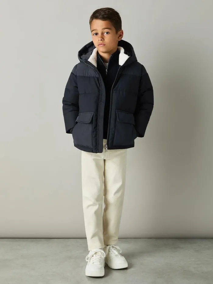 Reiss Coats and Jackets Children 39 Yrs Hooded Twill And Shell Puffer Jacket In Navy
