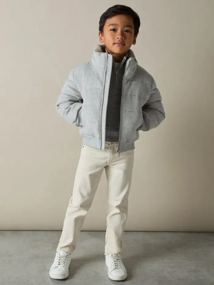 Reiss Coats and Jackets Children Herringbone FauxFur Collar Puffer Jacket In Soft Grey Melange Reiss Coats and Jackets Children Herringbone FauxFur Collar Puffer Jacket In Soft Grey Melange