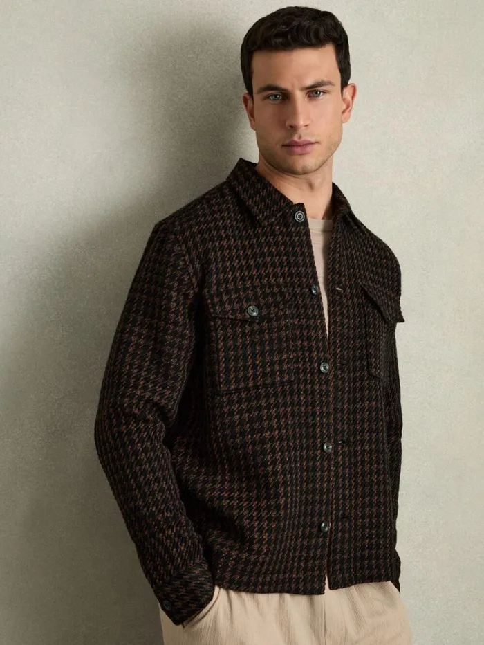 Reiss Coats and Jackets Men Brushed HoundstoothCheck Overshirt In NavyRust