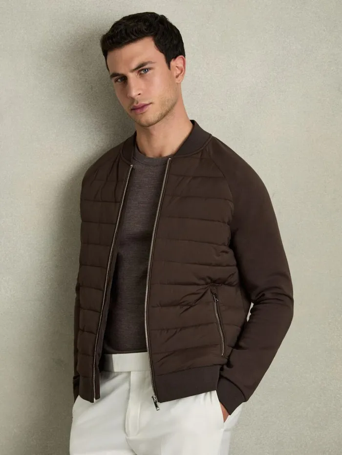 Reiss Coats and Jackets Men Hybrid Quilted Bomber Jacket In Dark Chocolate