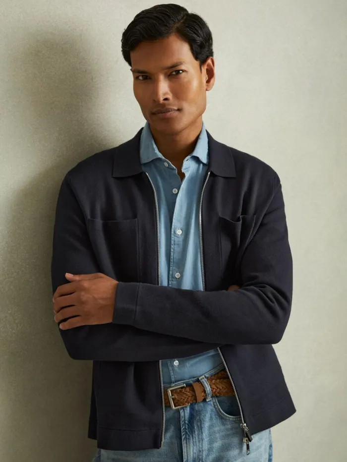 Reiss Coats and Jackets Men Knitted ZipThrough Jacket In Navy