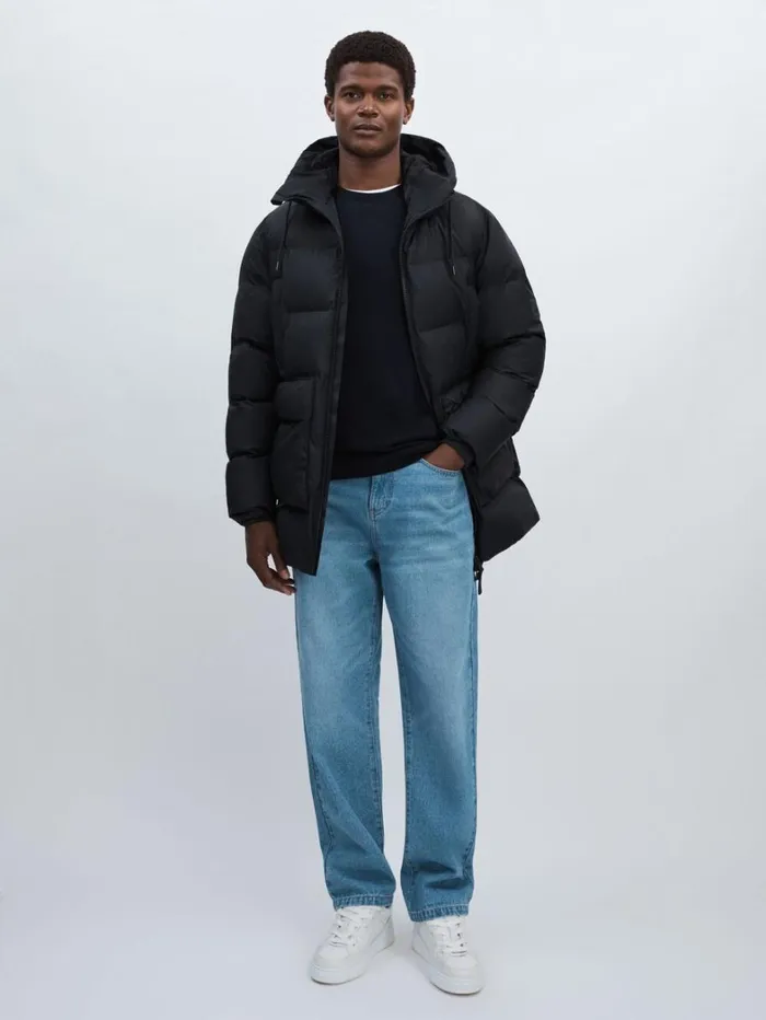 Reiss Coats and Jackets Men Rains Long Puffer Cargo Jacket In Navy Blue