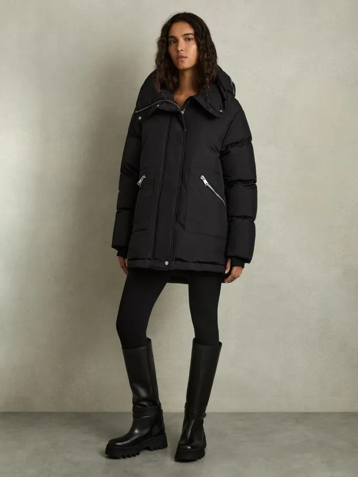 Reiss Coats and Jackets Women ConcealedHood Puffer Coat In Black Reiss Coats and Jackets Women ConcealedHood Puffer Coat In Black