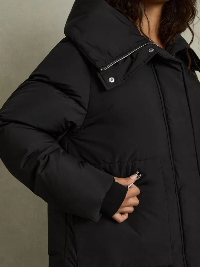 Reiss Coats and Jackets Women ConcealedHood Puffer Coat In Black Reiss Coats and Jackets Women ConcealedHood Puffer Coat In Black