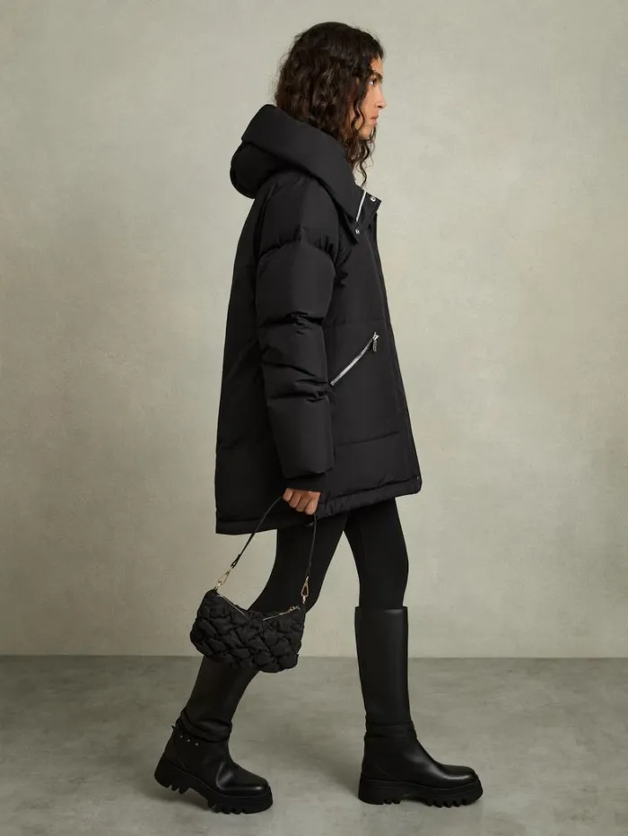 Reiss Coats and Jackets Women ConcealedHood Puffer Coat In Black Reiss Coats and Jackets Women ConcealedHood Puffer Coat In Black