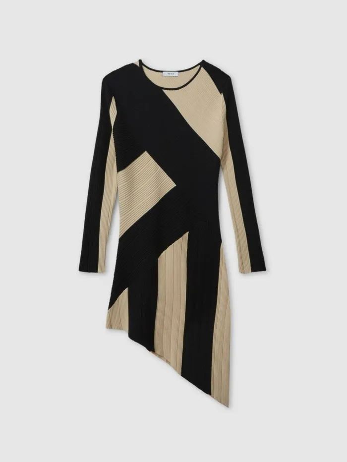 Reiss Dresses Children 1314 Yrs Knitted Colourblock Asymmetric Dress In BlackEcru