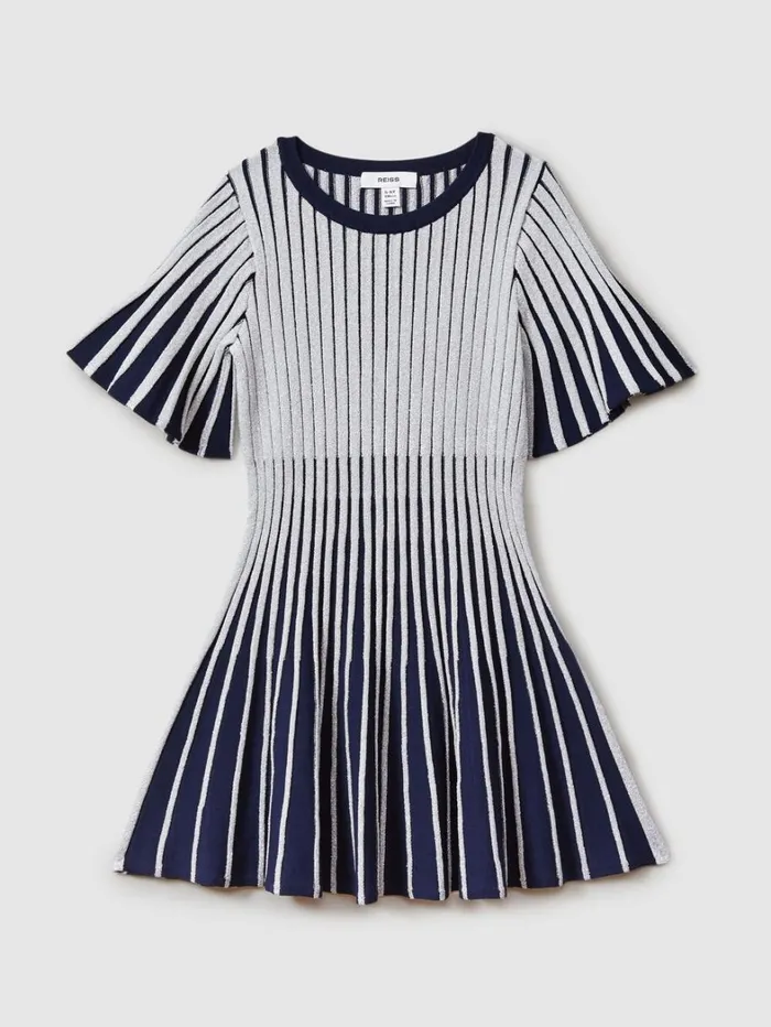 Reiss Dresses Children 1314 Yrs Metallic Contrast Ribbed Dress In Silver