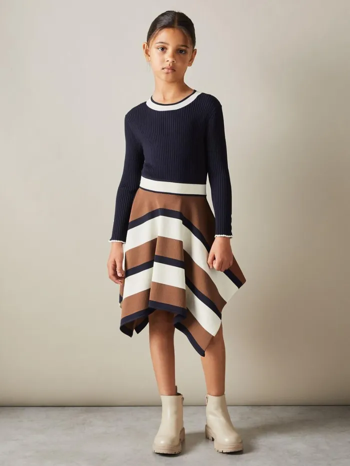 Reiss Dresses Children 49 Yrs Knitted Colourblock Asymmetric Dress In Navy