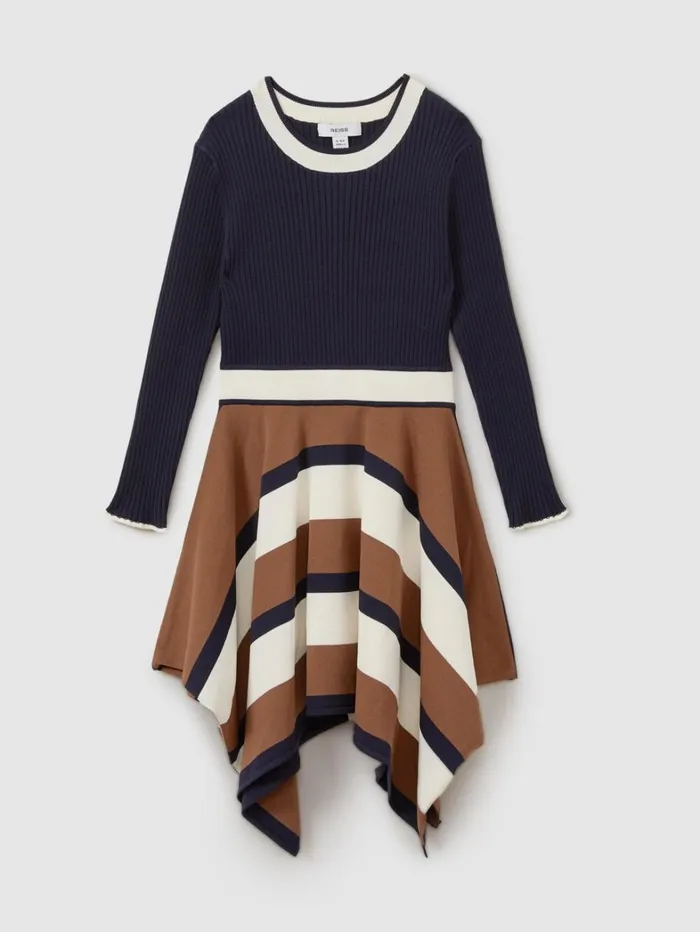 Reiss Dresses Children 49 Yrs Knitted Colourblock Asymmetric Dress In Navy Reiss Dresses Children 49 Yrs Knitted Colourblock Asymmetric Dress In Navy