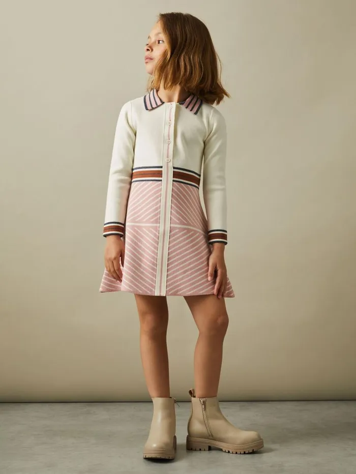 Reiss Dresses Children 49 Yrs Knitted Striped Collar Dress In Pink