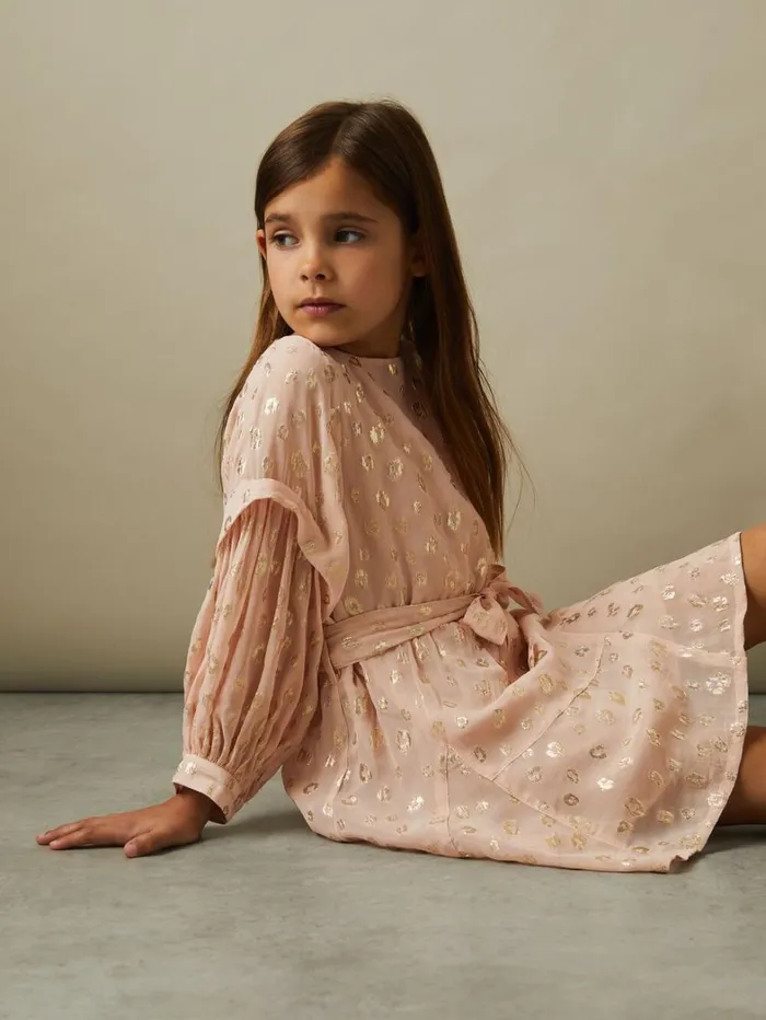 Reiss Dresses Children 913 Yrs Metallic Jacquard Print Puff Sleeve Dress In Pink