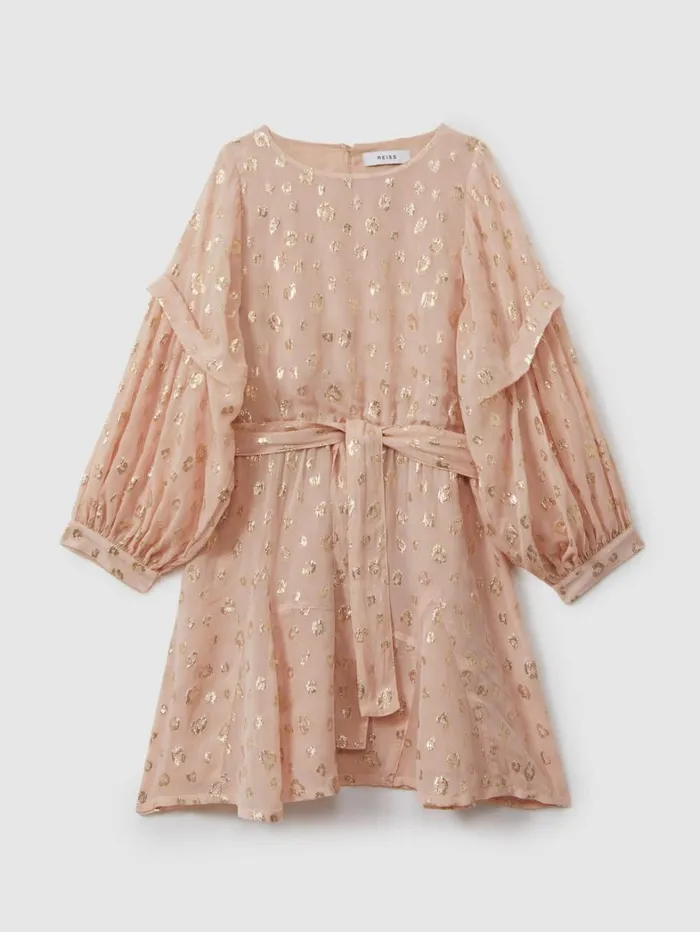 Reiss Dresses Children 913 Yrs Metallic Jacquard Print Puff Sleeve Dress In Pink Reiss Dresses Children 913 Yrs Metallic Jacquard Print Puff Sleeve Dress In Pink