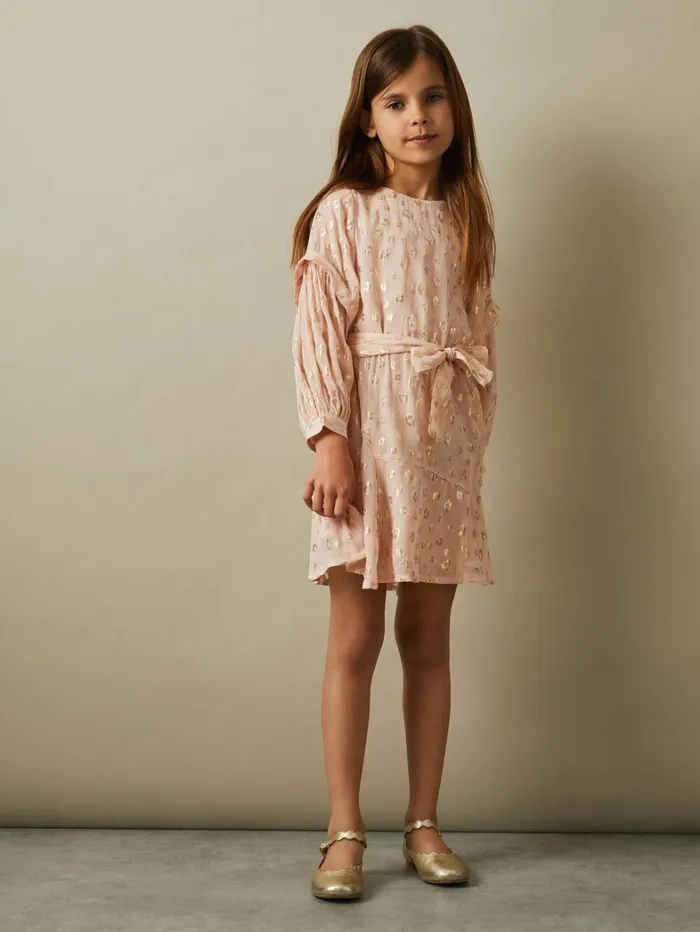 Reiss Dresses Children 913 Yrs Metallic Jacquard Print Puff Sleeve Dress In Pink Reiss Dresses Children 913 Yrs Metallic Jacquard Print Puff Sleeve Dress In Pink