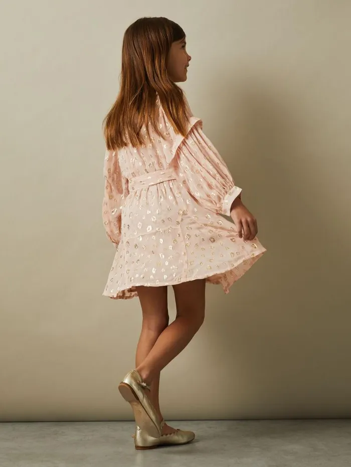 Reiss Dresses Children 913 Yrs Metallic Jacquard Print Puff Sleeve Dress In Pink Reiss Dresses Children 913 Yrs Metallic Jacquard Print Puff Sleeve Dress In Pink