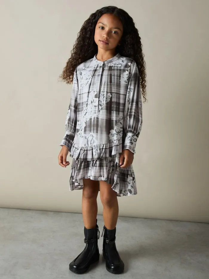 Reiss Dresses Children FloralCheck TieredFrill Dress In Grey Reiss Dresses Children FloralCheck TieredFrill Dress In Grey