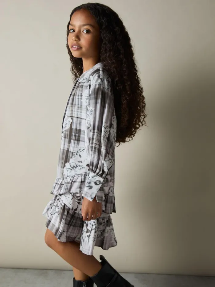 Reiss Dresses Children FloralCheck TieredFrill Dress In Grey Reiss Dresses Children FloralCheck TieredFrill Dress In Grey
