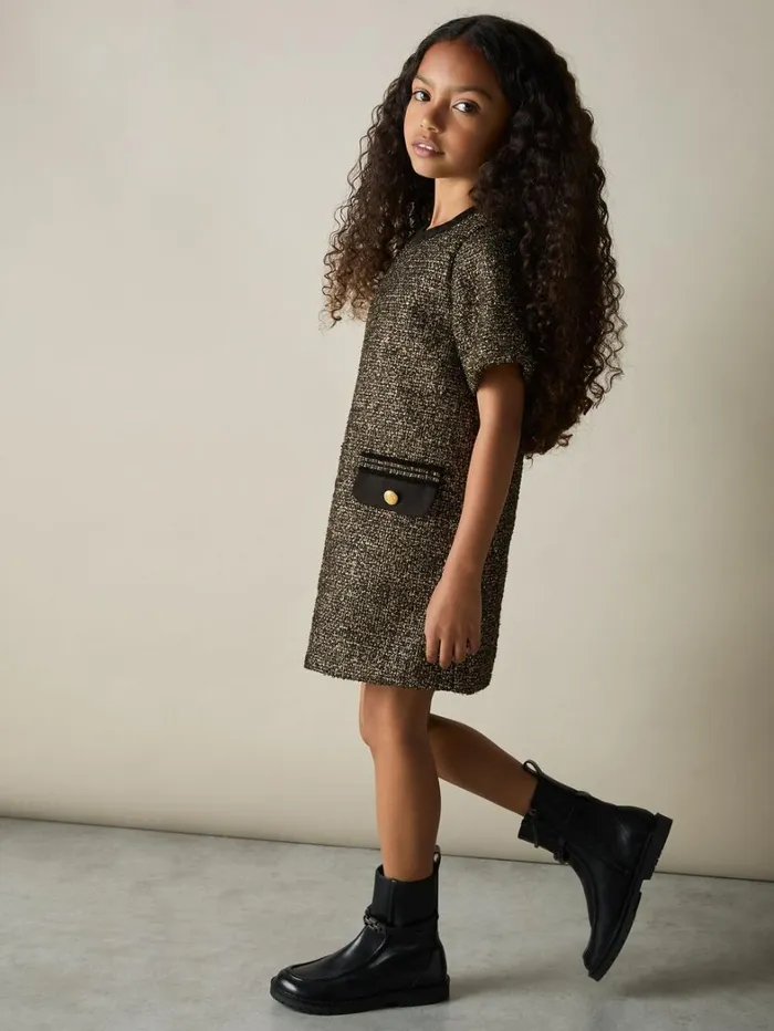 Reiss Dresses Children Tweed MetallicThread Shift Dress In Gold