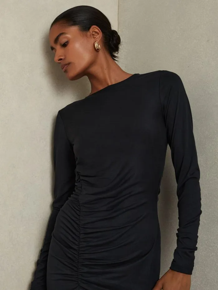 Reiss Dresses Women Allie Charcoal Ruched Jersey Mini Dress Reiss Dresses Women Allie Charcoal Ruched Jersey Mini Dress