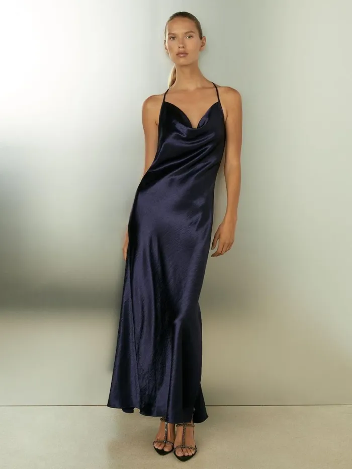 Reiss Dresses Women Cowl Neck Hammered Satin Slip Dress In Indigo