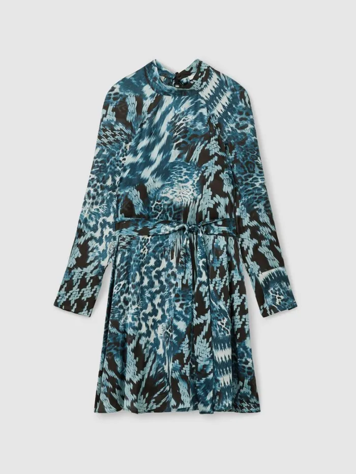 Reiss Dresses Women Ester Teal Printed Belted Tie Neck Mini Dress Reiss Dresses Women Ester Teal Printed Belted Tie Neck Mini Dress