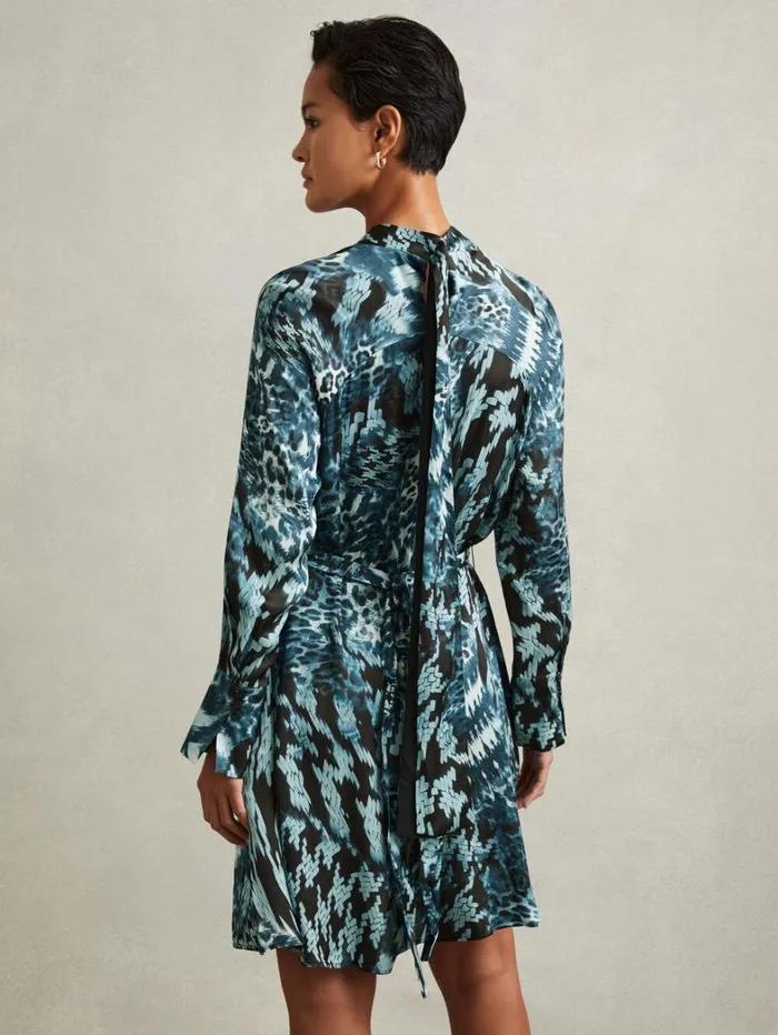 Reiss Dresses Women Ester Teal Printed Belted Tie Neck Mini Dress Reiss Dresses Women Ester Teal Printed Belted Tie Neck Mini Dress