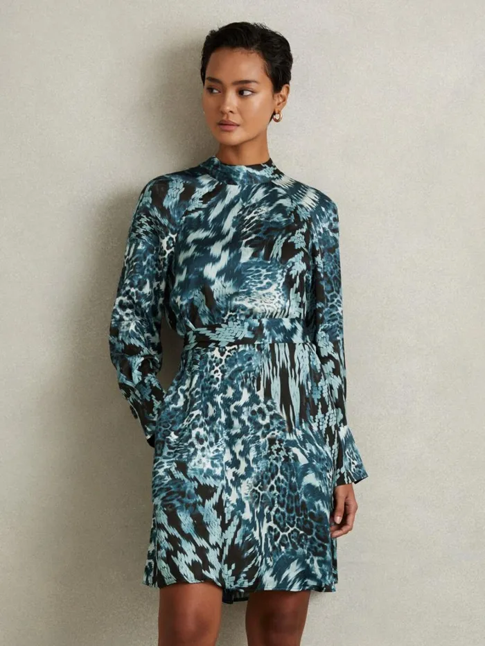 Reiss Dresses Women Ester Teal Printed Belted Tie Neck Mini Dress Reiss Dresses Women Ester Teal Printed Belted Tie Neck Mini Dress