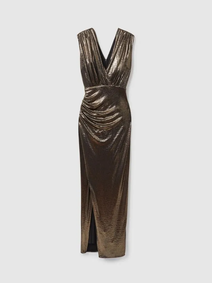Reiss Dresses Women Halston Metallic Ruched Maxi Dress In Gold Reiss Dresses Women Halston Metallic Ruched Maxi Dress In Gold