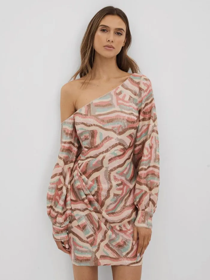 Reiss Dresses Women Halston OffTheShoulder Sequin Mini Dress In White Print