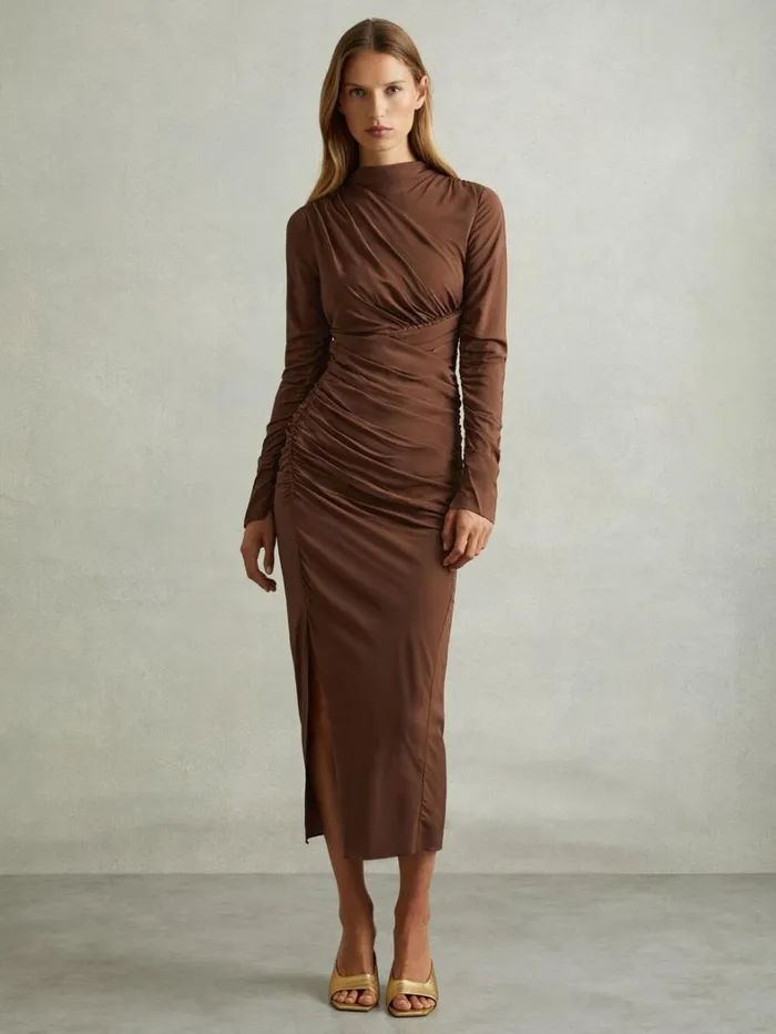 Reiss Dresses Women Kelly Chocolate Jersey Ruched Midi Dress