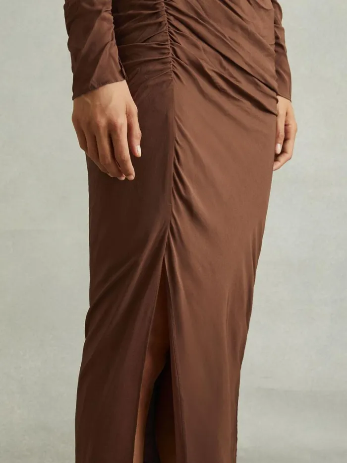 Reiss Dresses Women Kelly Chocolate Jersey Ruched Midi Dress Reiss Dresses Women Kelly Chocolate Jersey Ruched Midi Dress