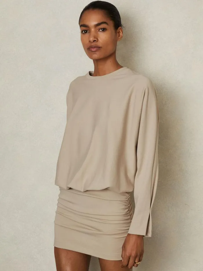 Reiss Dresses Women Lorenza Neutral Ruched Jersey Blouson Top Mini Dress