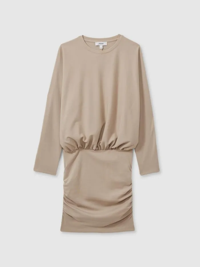 Reiss Dresses Women Lorenza Neutral Ruched Jersey Blouson Top Mini Dress Reiss Dresses Women Lorenza Neutral Ruched Jersey Blouson Top Mini Dress
