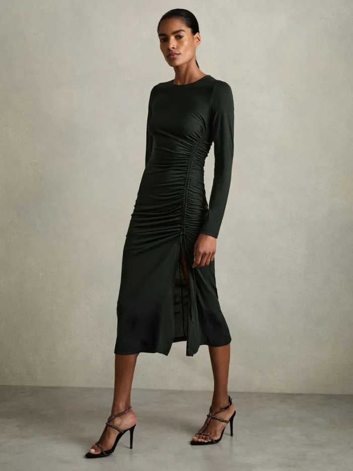 Reiss Dresses Women Petite Jersey Ruched Midi Dress In Dark Green
