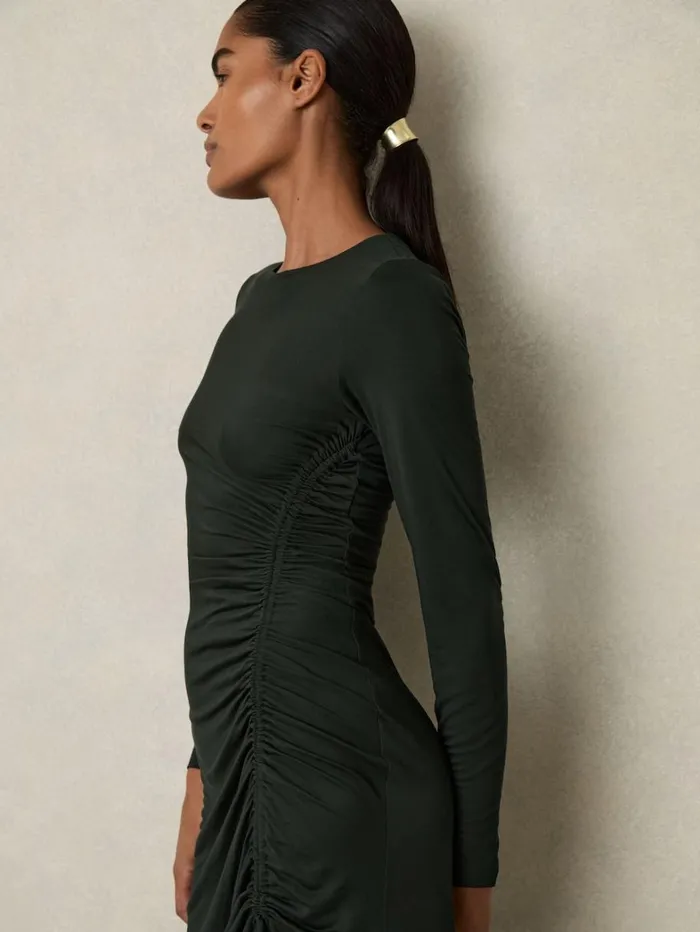 Reiss Dresses Women Petite Jersey Ruched Midi Dress In Dark Green Reiss Dresses Women Petite Jersey Ruched Midi Dress In Dark Green