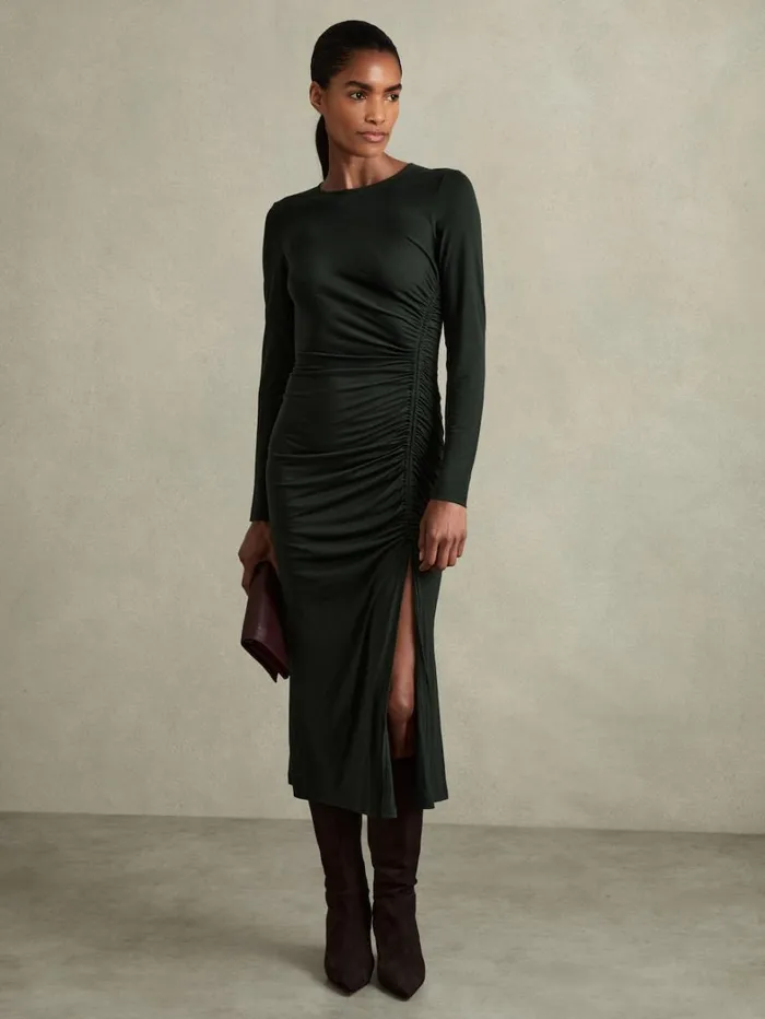Reiss Dresses Women Petite Jersey Ruched Midi Dress In Dark Green Reiss Dresses Women Petite Jersey Ruched Midi Dress In Dark Green