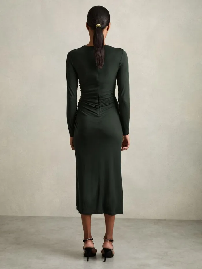Reiss Dresses Women Petite Jersey Ruched Midi Dress In Dark Green Reiss Dresses Women Petite Jersey Ruched Midi Dress In Dark Green