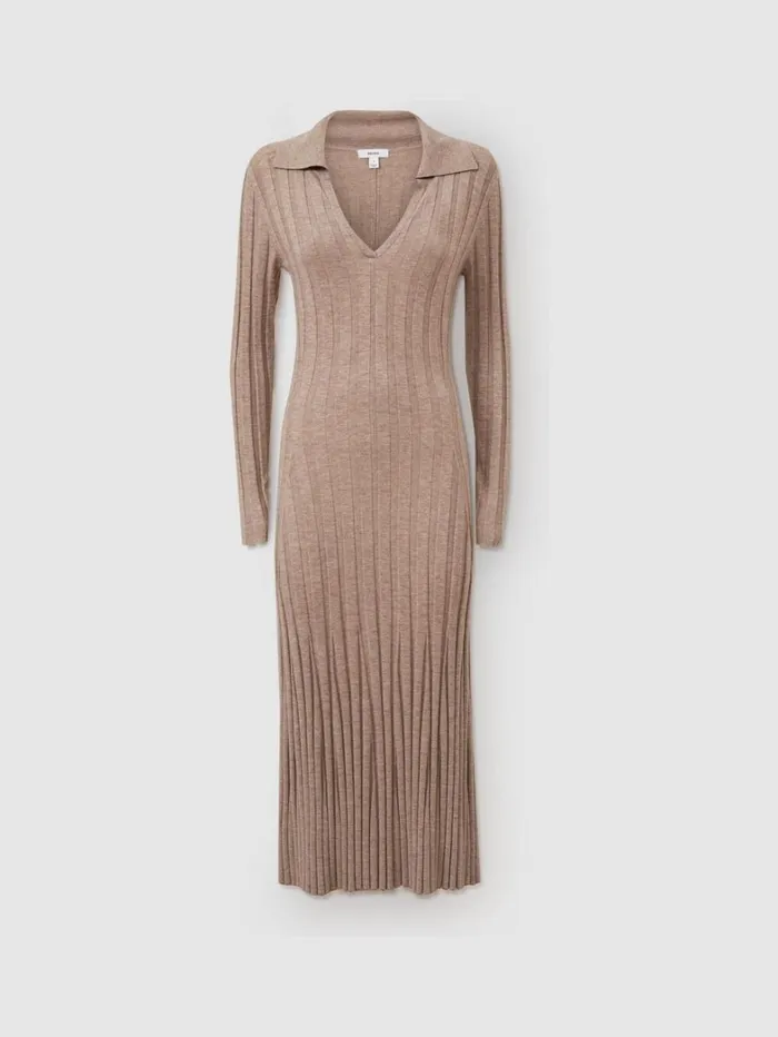 Reiss Dresses Women Petite Knitted OpenCollar Midi Dress In Neutral Reiss Dresses Women Petite Knitted OpenCollar Midi Dress In Neutral