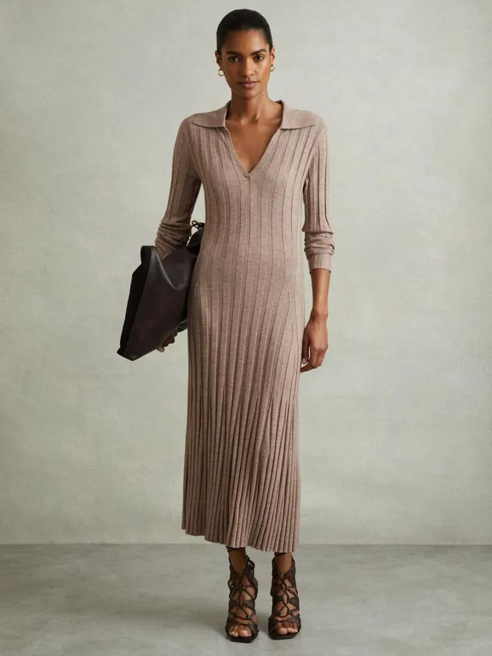 Reiss Dresses Women Petite Knitted OpenCollar Midi Dress In Neutral Reiss Dresses Women Petite Knitted OpenCollar Midi Dress In Neutral