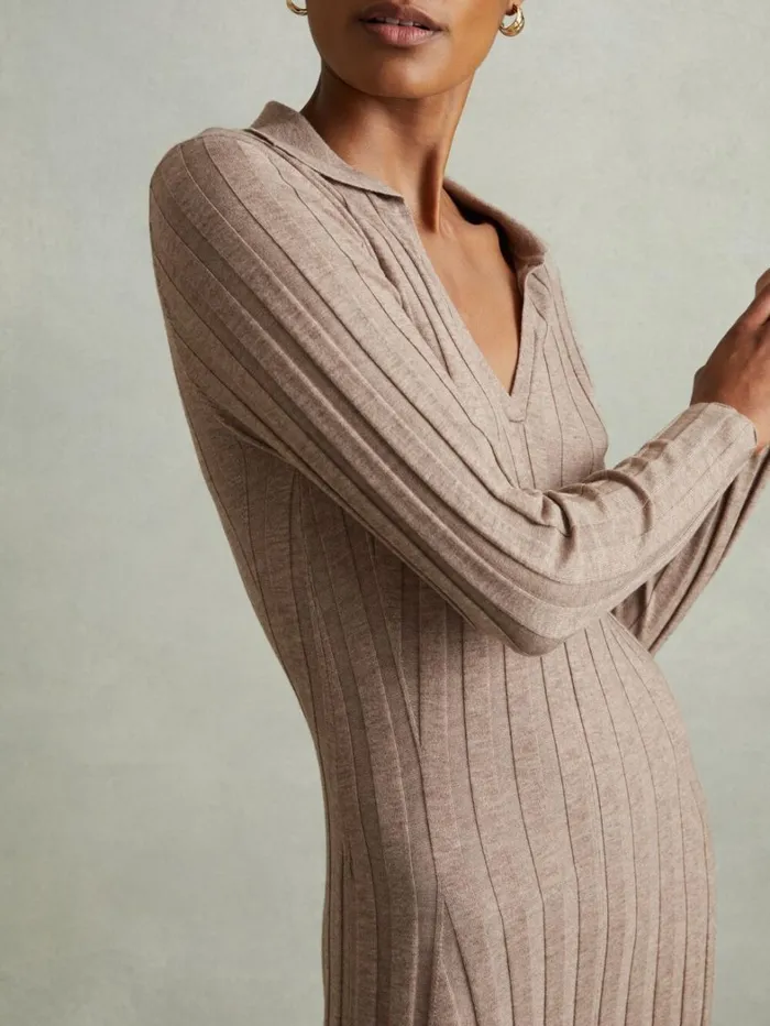 Reiss Dresses Women Petite Knitted OpenCollar Midi Dress In Neutral Reiss Dresses Women Petite Knitted OpenCollar Midi Dress In Neutral