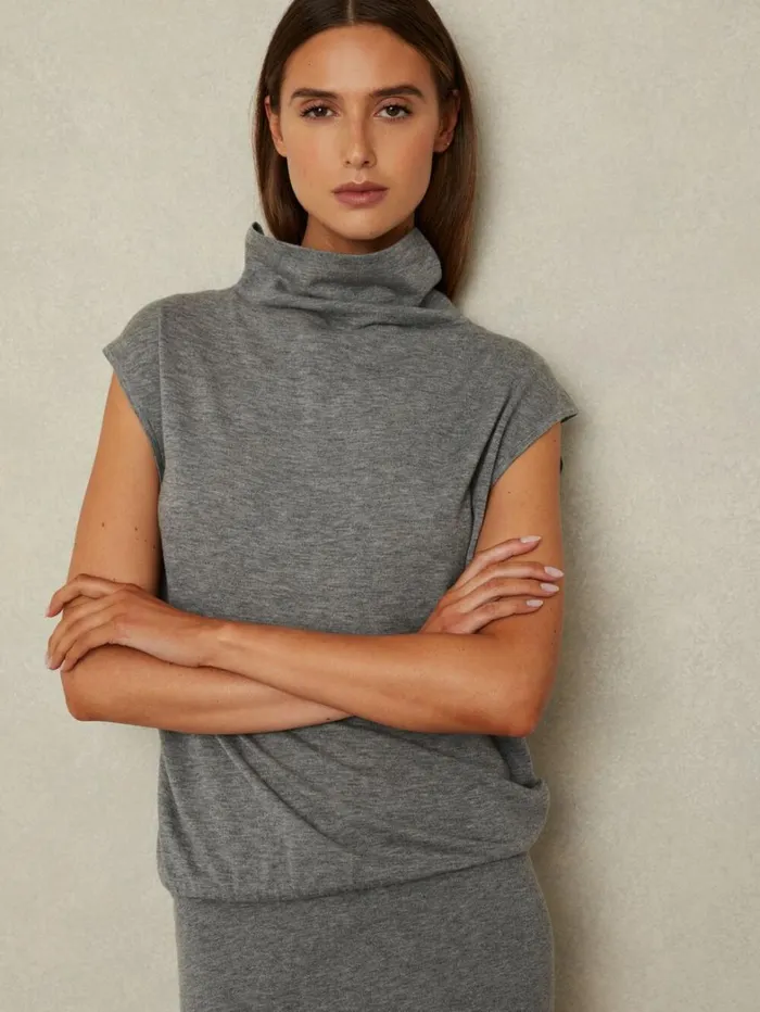 Reiss Dresses Women Petite Knitted WoolCashmere Blouson Top Midi Dress In Grey