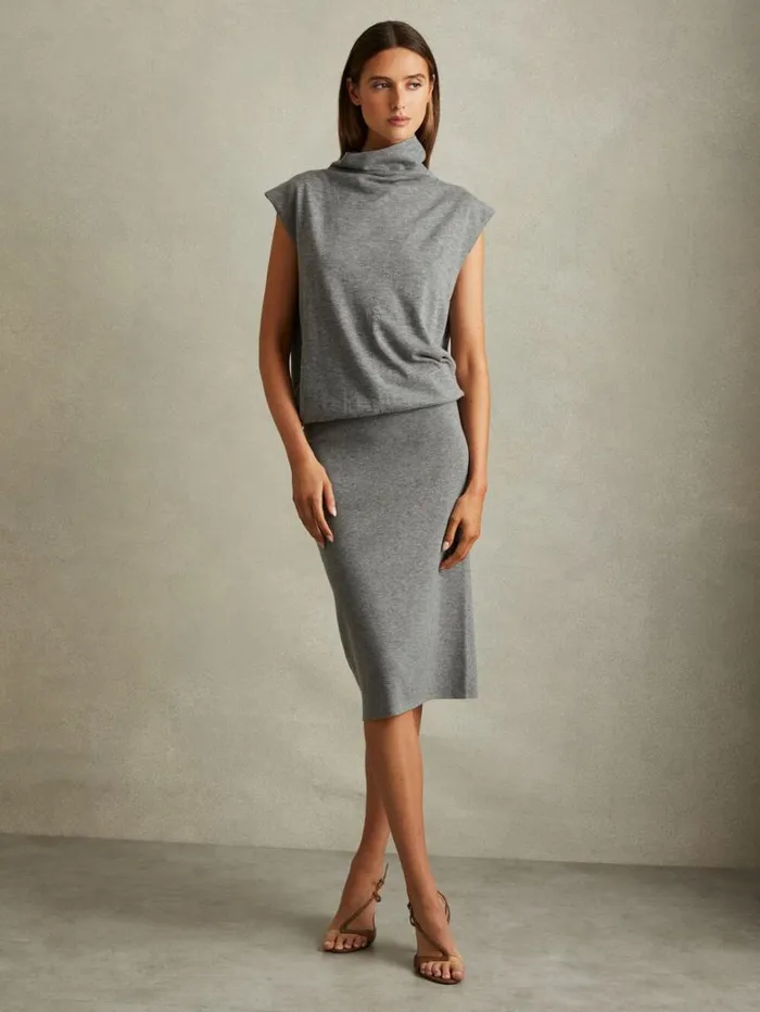 Reiss Dresses Women Petite Knitted WoolCashmere Blouson Top Midi Dress In Grey Reiss Dresses Women Petite Knitted WoolCashmere Blouson Top Midi Dress In Grey