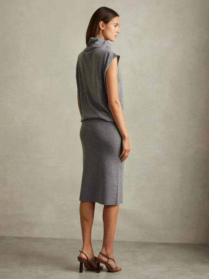 Reiss Dresses Women Petite Knitted WoolCashmere Blouson Top Midi Dress In Grey Reiss Dresses Women Petite Knitted WoolCashmere Blouson Top Midi Dress In Grey