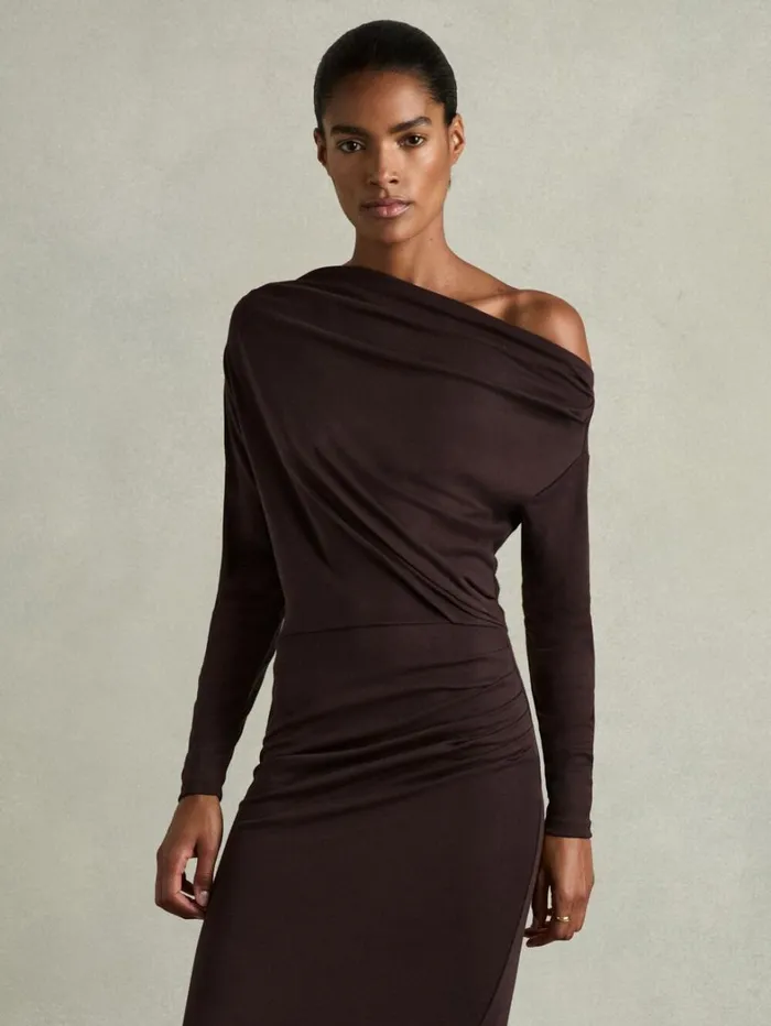 Reiss Dresses Women Petite OffTheShoulder Ruched Jersey Midi Dress In Brown