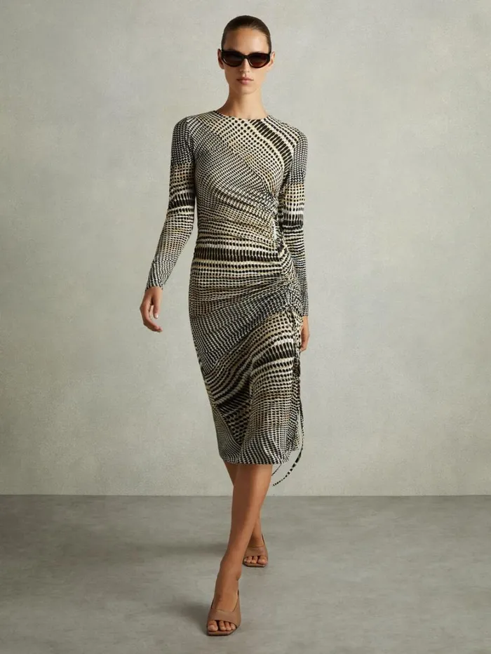 Reiss Dresses Women Printed Ruched Midi Dress In BlackOlive